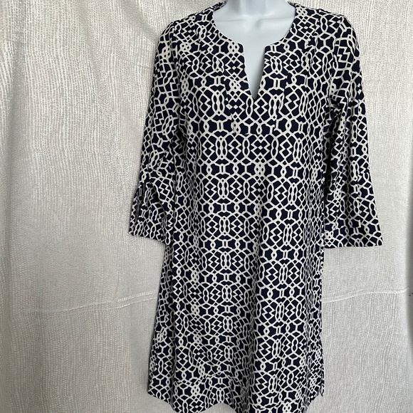 Jude Connally, navy blue and white Geometric pattern dress, size S - Picture 1 of 9